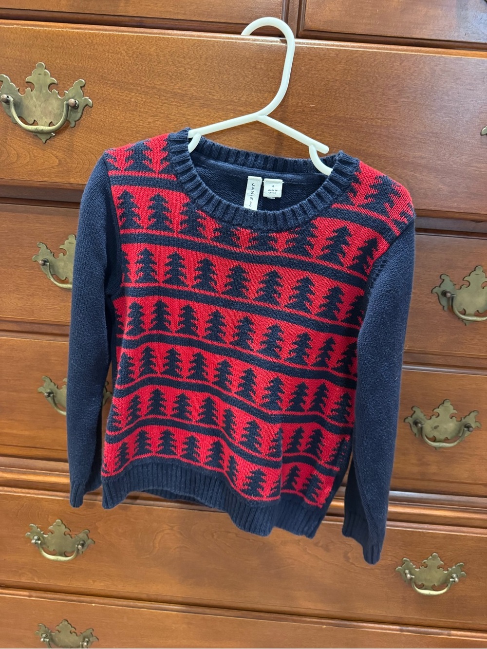 Janie and Jack Navy and Red Tree-Pattern Crewneck Sweater Size 4